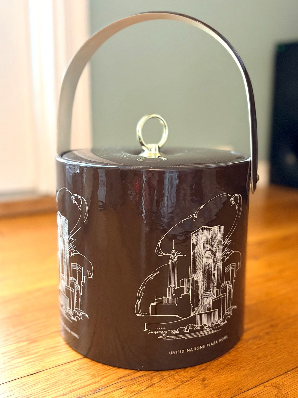 Vintage Vinyl Hotel Bar Ice Bucket Brown United Nations Plaza Hotel Barware MCM